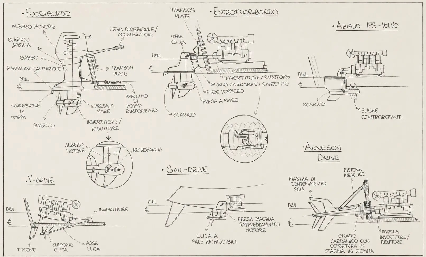 Hand-drawn comparison of outboard, inboard, IPS, V-drive, sail-drive and surface-drive systems