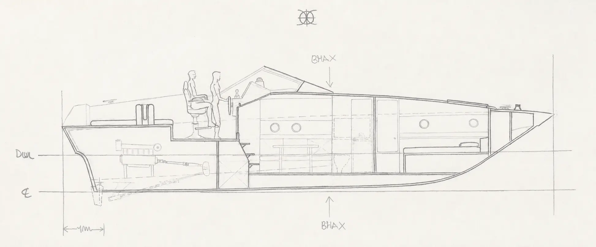Hand-drawn longitudinal section studying the internal arrangement of a motorboat