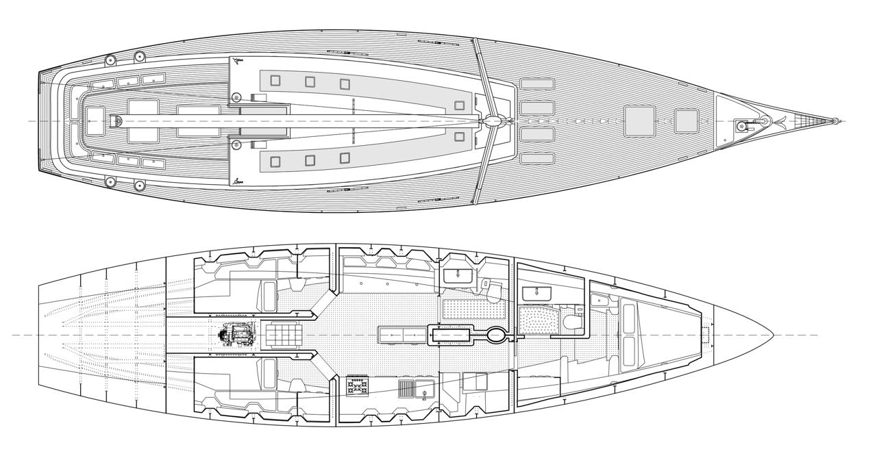 Deck and interior plans of the 19.6 metre sailing yacht