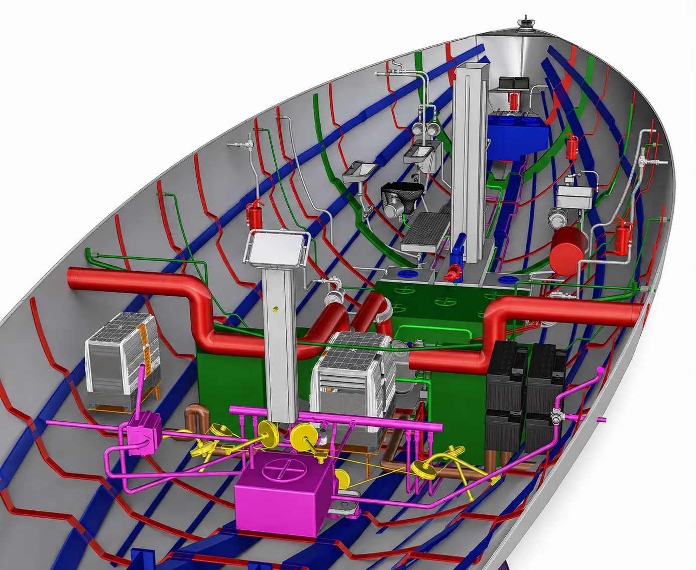 Isometric view of the yacht onboard systems integrated within the aluminium hull