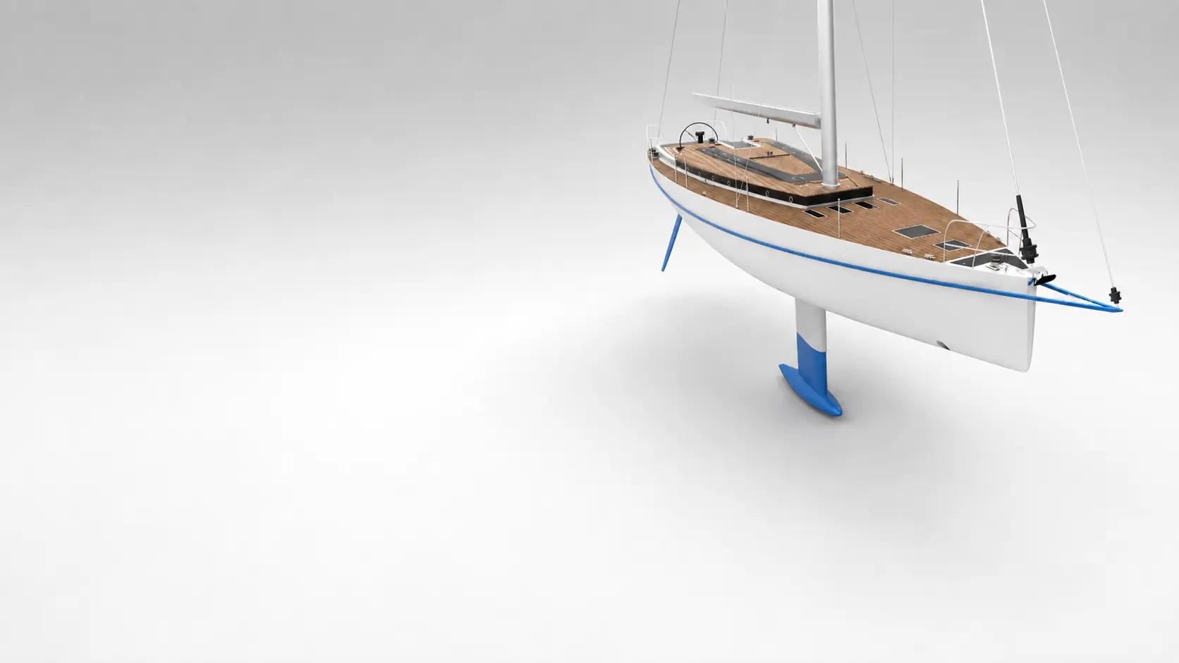 Three-quarter bow render of the 19.6 metre aluminium sailing yacht