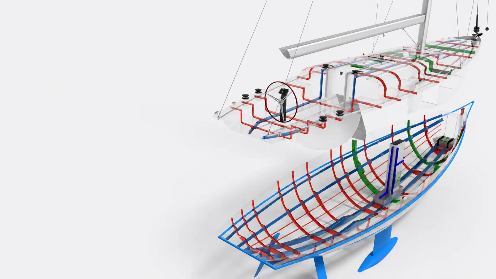 Exploded transparent view of the sailing yacht aluminium structure
